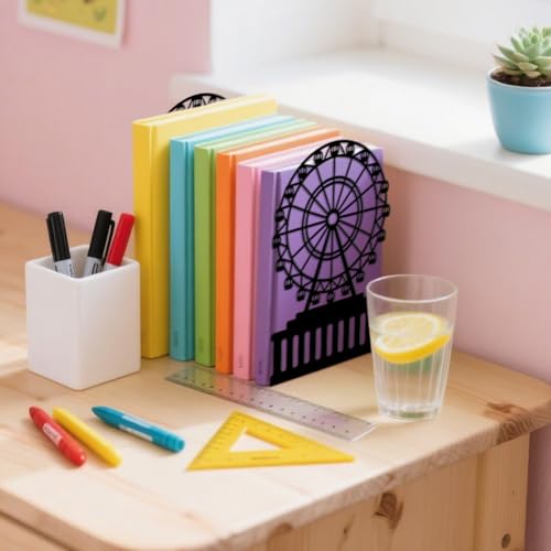 Peacoblue Metal Bookends for Shelves, Modern Decorative Heavy Duty Study Book Ends Stoppers for Office, Desk, Shelf, Room 5.3"x4.3"x7.9" Cast Iron Simple Tall Bookends 1 Pair (Ferris Wheel) - style: Ferris Wheel