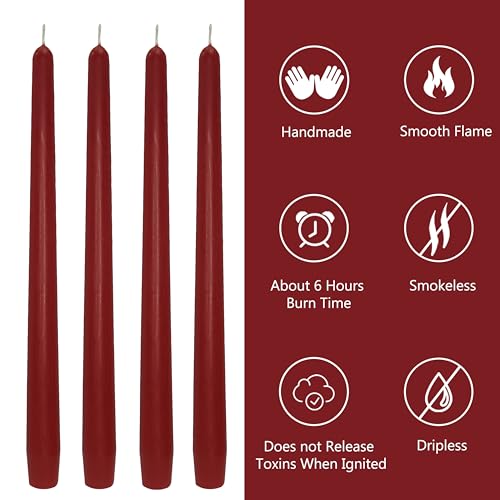 10 Inch Taper Candles Handmade Smokeless Set of 4 – Unscented Tapered Candles in Red, Candle Sticks for Wedding, Home Decor, and Dinner Table - color: Red
