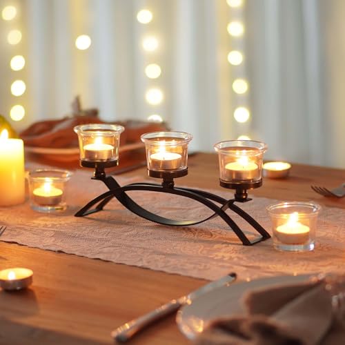 3-Arm Metal Tea Light Candle Holder Set with 5 Glass Cups, Votive Candle Holders Centerpiece Candelabra for Wedding Table Decor, Home Gatherings and Holidays (Black, 5 Cups) - color: Black, size: 5 Cups