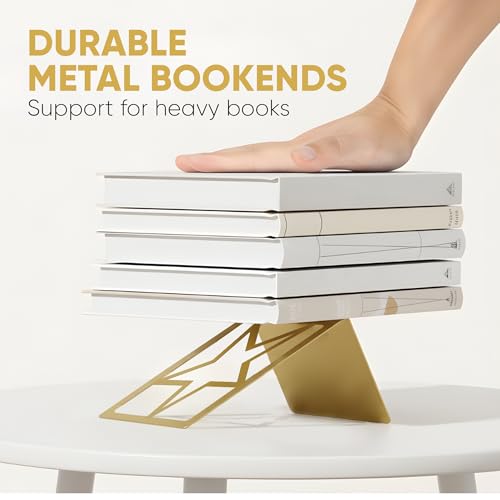 GEOMOD Gold Star Metal Bookends Heavy Duty for Desk & Shelves, Non-Slip Metal Bookends for Bookshelf End Holders, Modern Decorative Book Ends Gold, Book Holder for Office, Study & Home Library 2 Pairs - color: Gold, size: 2 Pairs, style: Star