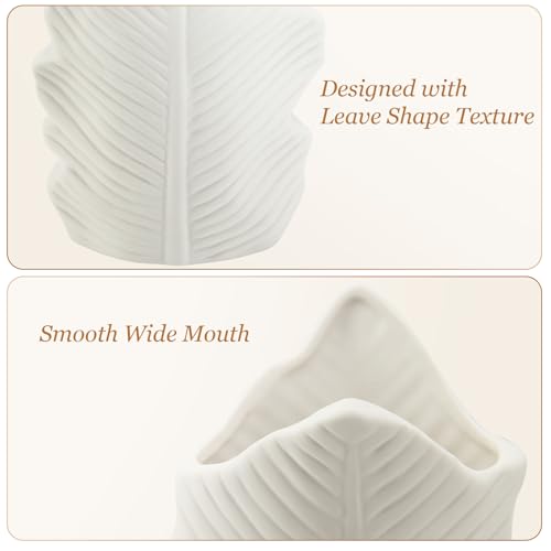 White Matte Ceramic Leaf-Shaped Vase – BEAHOT Modern Minimalist Decorative Flower Vase with Embossed Leaf Texture for Table Centerpiece, Home & Office Decor - color: White-leave