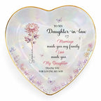 Personalized Heart Shape Jewelry Dish for Daughter-in-Law, Ceramic Trinket Tray Ring Holder With Custom Birth Flower, “Marriage Made You Family, Love Made You My Daughter” Keepsake - color: Daughter In Law 129