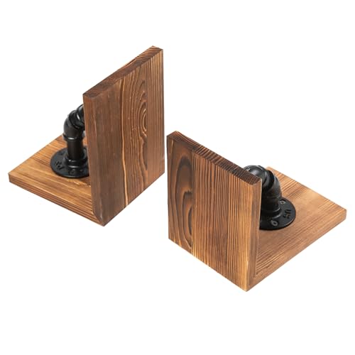 Rustic Decorative Wooden Tabletop Farmhouse Bookends for Heavy Books with Modern Industrial-Style Pipe Office Desktop Bookshelf Organizers Stoppers Holder Nonskid Shelf Decor 1-Pair (Brown) - color: Brown