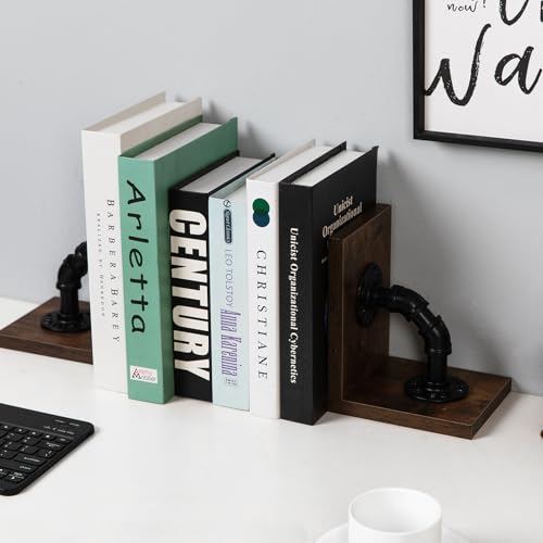 Rustic Decorative Wooden Tabletop Farmhouse Bookends for Heavy Books with Modern Industrial-Style Pipe Office Desktop Bookshelf Organizers Stoppers Holder Nonskid Shelf Decor 1-Pair (Dark Brown) - color: Dark Brown