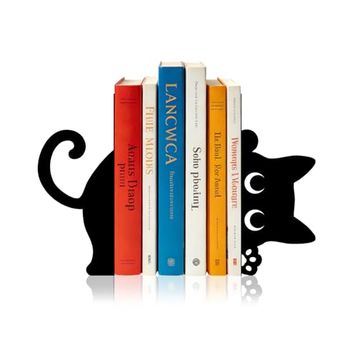 Sanwarm Metal Bookends Funny Black Cat Book Ends Decorative Bookend for Home Office Library Desk Book Shelves Decor, Gift for Reading Enthusiasts Non-Skid Book Stoppers Holder (1 Pair) - color: Cute Cat