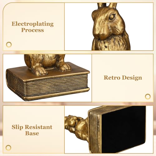 Kathfly Easter Bunny Bookends, Decorative Gold Rabbit Bookends for Shelves Vintage Resin Rabbit Book Ends, Cute Animal Bookend Supports for Home Office, Housewarming Gift, Set of 2 - style: Easter Bunny