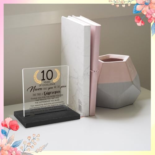 10 Years Work Anniversary Desk Decor Gifts for Employee, 10th Grade Promotion Gifts for Coworker,Modern Transparent Acrylic Desk Plaque with Inspirational Quotes, 10 x 10 x 1.5 cm,XXY108 - style: 10 Years Work Anniversar