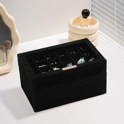 Frebeauty Stackable Jewelry Trays, Velvet Drawer Jewelry Organizer with Glass Lid,5 in 1 Multi-Functional Jewelry Storage for Earrings Necklaces Rings, 10.5 x 6.5 x 5.55 Inches Gift for Women(Black) - color: Black, size: Set5-A