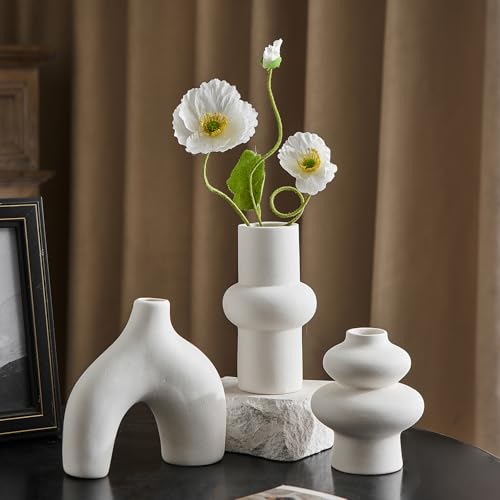 Ceramic Farmhouse Vase Set of 3, Rustic Centerpiece Vases for Fresh Dried Flowers Pampas Grass Bouquets, Boho Home Decor for Living Room Kitchen Entryway Table Mantel, Wedding Decor - color: White Vase - C