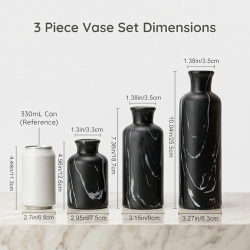 Modern Ceramic Flower Vase Set of 3, Minimalist Vase for Home Decor, Decorative Vase for Table Entryway Mantel Centerpiece Living Room Bathroom Bedroom (Black Gray Marble) - color: 103-black Gray Marble