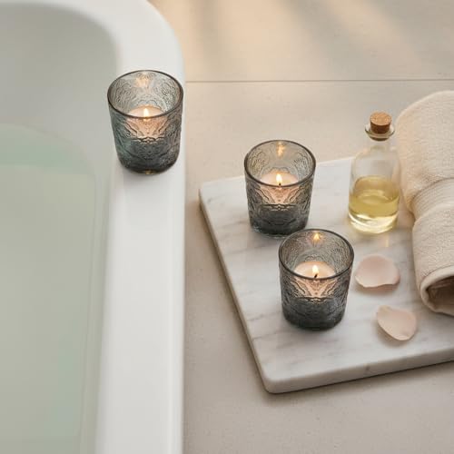 12 Pack Mandala Embossed Glass Candle Holders – Votive Tealight Holders with Patent Design, Decorative Embossed Glass Cups for Wedding Centerpieces, Parties, and Home Décor (Smoky Quartz) - color: Smoky Quartz