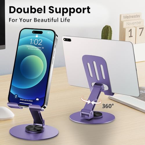 Universal Metal Cell Phone Stand, Multi-Angel Adjustable 360° Rotation Non-Slip Metal Phone Stand Compatible with iPhone 17 16 Pro Max and All Smartphones (Purple&Purple) - color: Purple&Purple