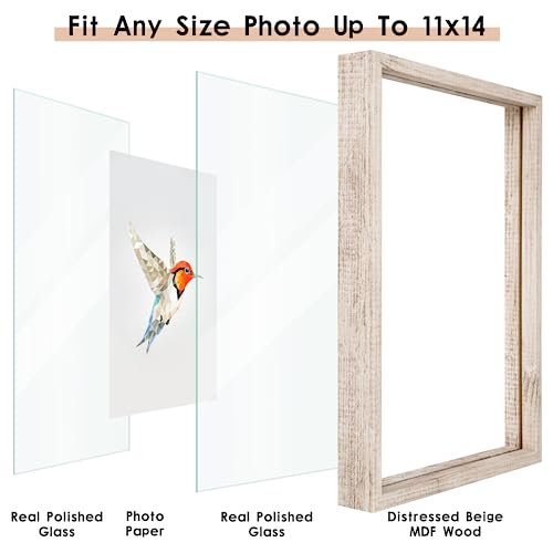 MUYE 11x14 Floating Frames Distressed Beige White Wood Pattern,Double Glass Picture Frame Set of 2 Display Any Size Photo up to 11x14,Wall Mount or Tabletop - color: Beige, size: 11x14