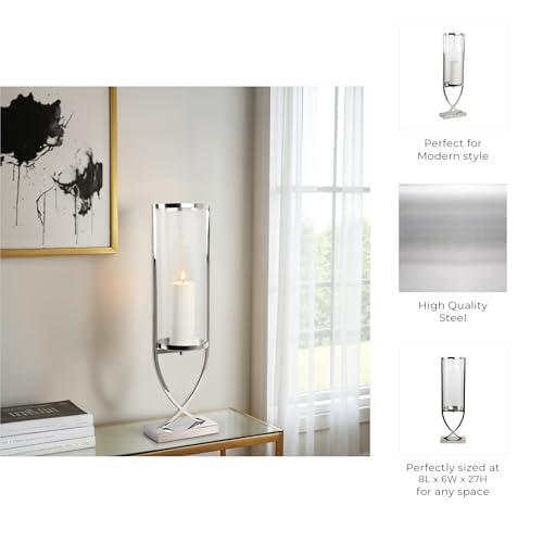 Contemporary Metal and Glass Hurricane Candle Holder - Decorative Pillar Candlestick Holder for Table Centerpiece - Elegant Home Decor Accents for Any Special Occasion Decoration - 27" Silver - color: Silver, size: 27"