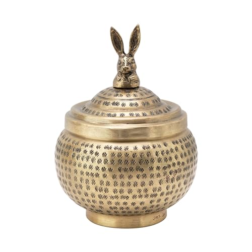 Round Hammered Metal Container with Rabbit Finial, Brass Finish - style: Rabbit