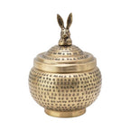 Round Hammered Metal Container with Rabbit Finial, Brass Finish - style: Rabbit