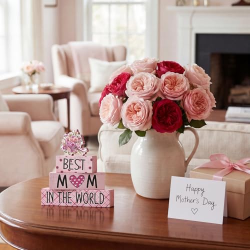 Smile 4 Pcs Mother's day Indoor Wooden Decor, Best Mom In the World Tiered Tray Farmhouse Table Decoration for Home and Office - style: Mothday