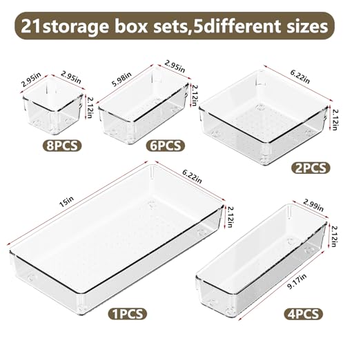 21 PCS Clear Plastic Drawer Organizer Set with 15 Inch Extra Long Bins, 5 Sizes Acrylic Makeup Organizer and Storage Trays, Non Slip Dividers for Vanity, Kitchen and Office - style: 21pcs with 15inches organizer