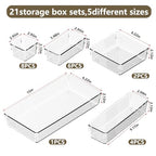 21 PCS Clear Plastic Drawer Organizer Set with 15 Inch Extra Long Bins, 5 Sizes Acrylic Makeup Organizer and Storage Trays, Non Slip Dividers for Vanity, Kitchen and Office - style: 21pcs with 15inches organizer