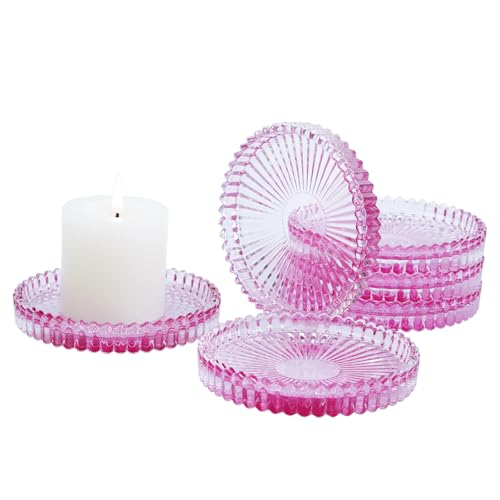 Candleholder Glass Candle Holder Plates Set of 6, Round Glass Candle Tray Plates for Dining Wedding Christmas Party Evening Light, Pink - color: Pink