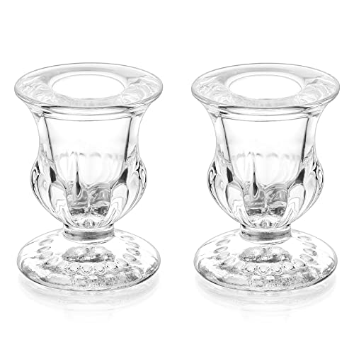 Romadedi Glass Taper Candle Holders - Clear Small Candlestick Holder Bulk, Thicker Glass Candle Sticks Set for Wedding Christmas Party Dining Table Table Centerpiece Decor, 2Pcs