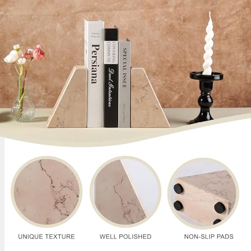 Koville Natural Stone Bookends for Shelves, Granite Book Ends for Heavy Books, Non-Slip Heavy Duty Book Stopper for CD/Movies, Decorative Bookend for Bookshelf Table Home Decor(Pink) - color: Trapezoid-pink