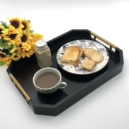 Serving Tray with Polished Metal Handles, Hexagon Coffee Table Tray, Modern Rectangle Decorative Tray, Large Ottoman Tray, Perfect for Storage and Display (Black Rectangle) - color: Black Rectangle