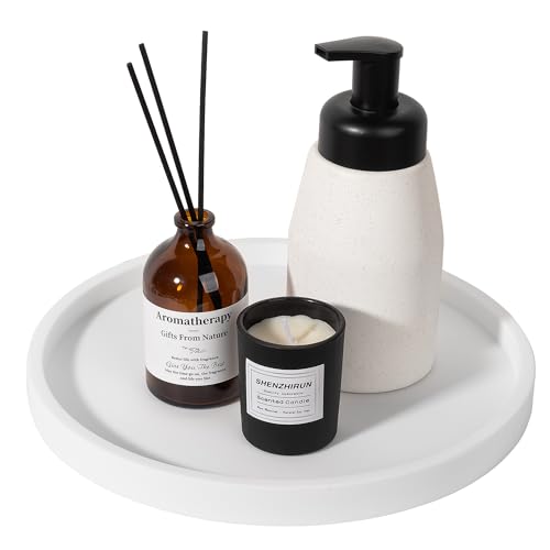 Silicone Bathroom Tray Round Vanity Tray Decorative Soap Holder Kitchen Countertop Organizer Coffee Table Decor for Candle, Perfume, Plant, 10 Inch, White - color: White, size: 10"