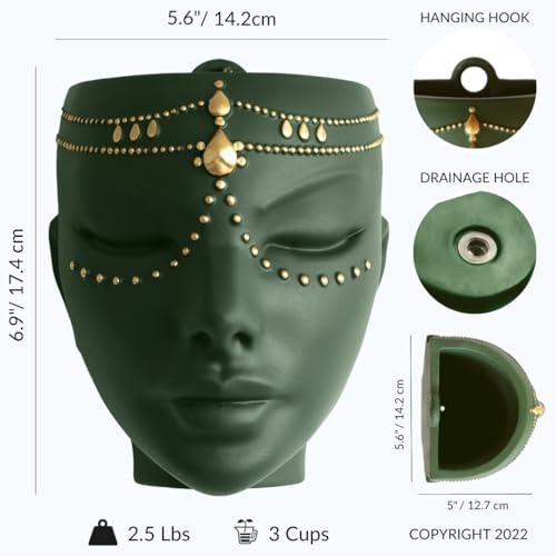 Head Planter - Indoor & Outdoor Home Decor Gifts for Plant Lovers - for Flat Surface or Wall Mount - Unique Face Planter for Flowers, Succulents, & More (7 inch, Serena Design, Green) - color: Serena Green