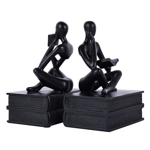 Abstract Resin Reader Bookends Set of 2,Modern Decorative Book Ends for Shelves,Unique Book Shelf Accents & Coffee Table Decor,Reading Bookend Statue for Home Office Library (Black, Thinker Bookends) - color: Black