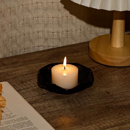 Koythin 2-Piece Ceramic Candle Holder, Aesthetics Candlestick Holders for Tea Lights, Lotus Leaf Shape Candle Stand for Mantle Table, Adorable Vintage Decor for Weddings Dining (Black) - color: Black