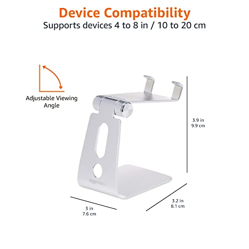 Amazon Basics Adjustable Aluminum Phone Stand for Cell Phones, iPhone and Android, Desktop Phone Holder with Adjustable Angle, Hands-Free Viewing, 3.15 x 2.87 x 3.74 inch, Silver