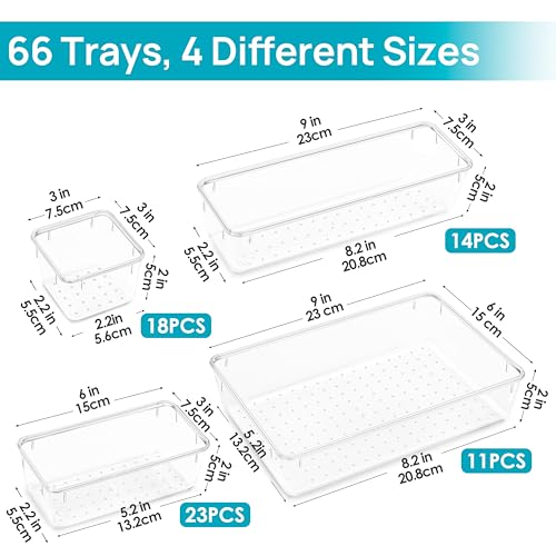 Vtopmart 66 PCS Clear Plastic Drawer Organizer Bins, 4-Size Versatile Bathroom and Vanity Organizer Trays, Acrylic Storage Containers for Makeup, Jewelry, Toiletry, Kitchen Utensils and Office Supply - style: 66 PCS