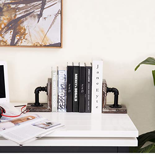 MyGift Decorative Bookends, Office Book Ends for Shelf, Book Holder L-Shaped Stand Desktop, Solid Torched Wood with Realistic Industrial Pipe Design - color: Torched Wood