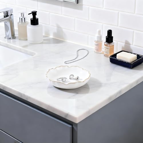 HOME SMILE Ring Jewelry Dish Pastel White Ruffled Ceramic|Trinket Tray for Earrings, Necklaces|Mothers Day Birthday Friendship Gifts for Women|Vanity Organizer & Bathroom Decor - color: White