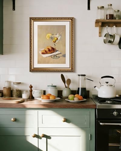 InSimSea Gold Framed Wall Art, Kitchen Dining Room Vintage Cocktail Martini Croissant Wall Shelf Decor, Still Life Canvas Print Art, Home Bar Decor, Antique Paintings with Picture Frame 13x16inch - color: Olive in a Glass, size: 16"L x 13"W