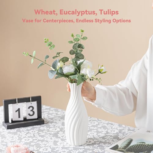 White Ceramic Vase with Swirl Texture - 10" Unique Flower Vase for Pampas Grass & Centerpieces, Decorative Boho/Farmhouse Vase for Living Room, Office Desk & Housewarming Gift (for Her/Yourself) - color: Swirl Texture