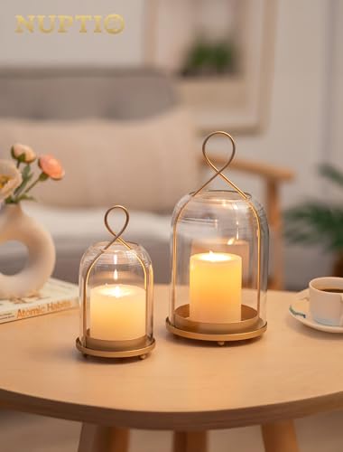 NUPTIO Glass Lanterns Decorative Outdoor: Gold Hurricane Candle Holders for Pillar Candles - Set of 2 Hanging Lantern for Home Thanksgiving Christmas Party Centerpiece