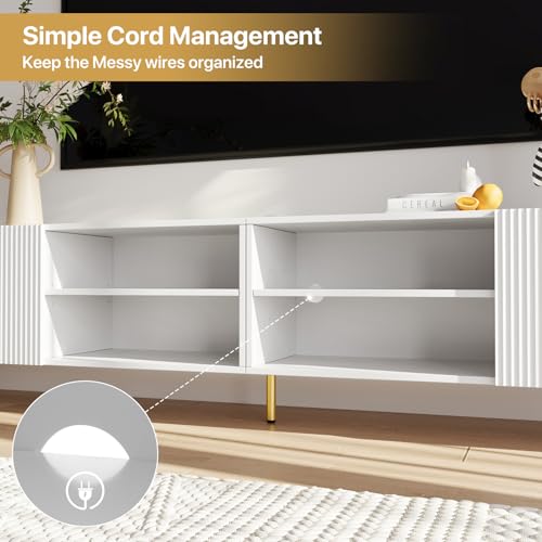 Modern 86in TV Stand for Living Room, Fluted Design Entertainment Center with Adjustable Shelves,Media TV Console Table with Storage for Bedroom,White - color: White