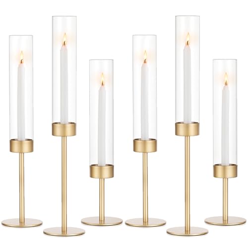 Glass Hurricane Candlestick Holders Gold - Romadedi Set of 6 Taper Candle Holder Bulk Tall Clear Glass Cylinder Table Centerpiece Wedding Decor Party Birthday Christmas Home Decorations - size: 6 PCS