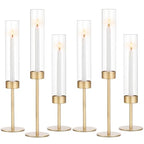 Glass Hurricane Candlestick Holders Gold - Romadedi Set of 6 Taper Candle Holder Bulk Tall Clear Glass Cylinder Table Centerpiece Wedding Decor Party Birthday Christmas Home Decorations - size: 6 PCS