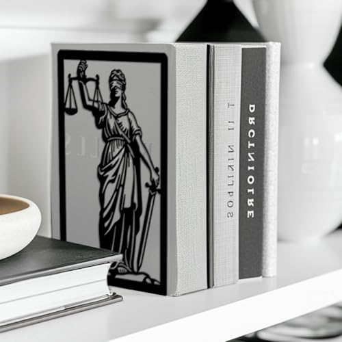 Peacoblue Metal Bookends for Shelves, Modern Decorative Heavy Duty Study Book Ends Stoppers for Office, Desk, Shelf, Room 5.3"x4.3"x7.9" Cast Iron Simple Tall Bookends 1 Pair (Justice Lady Themis) - style: Justice Lady Themis