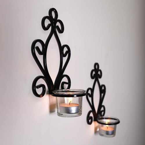 Hosley Iron Angel Wall Sconce Set - 7.68" Tea Light Candle Holders Pair of Decorative Iron Sconces for Home Decor Angel Wing Design Set of 2 - color: Black-3