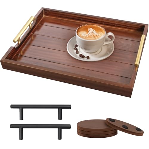 SXNOWS Ottoman Tray, Large Wooden Serving Tray with 2 Sets of Handles for Coffee Table, Rustic Living Room Kitchen Decor, 4 Round Coasters Included, Dark Brown - color: Rustic Brown