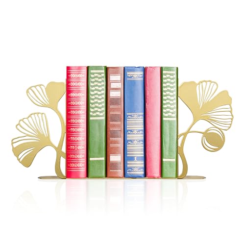 Gold Bookends – Unique Decorative Book Ends with Ginkgo Leaf Design, Cute Bookends for Shelves, Desks, or Libraries for Book Lovers