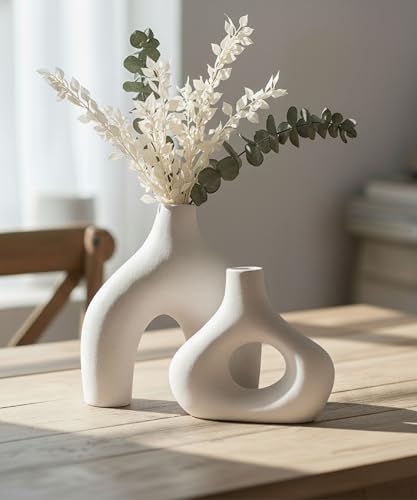 Carrot's Den Donut Vase, Set of 2 - White Large Ceramic Vase - Minimalist Nordic, Hollow | Table Centerpiece, Olive Plant, Wedding, Living Room, Bookshelf, Office, Modern Home, Entryway, Console - color: Warm White