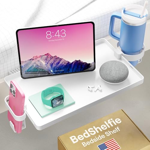 BedShelfie Bedside Shelf for Dorm Room Bunk Bed & Top Bunk, College Dorm Room Essentials, Bedside Caddy, Clip on Floating Tray, Bed Side Table Storage, Loft Nightstand Decor - Dorm Essential, White - color: White, size: DormEssential (15.1 x 10.5 inches)