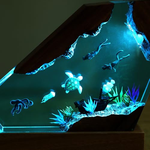 Drawelry Ocean Creative Epoxy Resin Wood Light Lamp, Handmade Multi Color Aquatic Ocean Lamp Deep Sea Diver Cave Diving Enthusiasts Led Night Light Desktop Decor Christmas Birthday Gift (Octopus, S) - color: Octopus