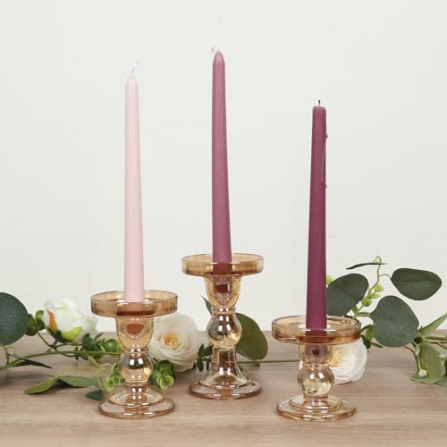 Efavormart Set of 3 Amber Gold Premium Glass Pillar Candle Holders with Round Candle Tray, Crystal Ball Stem Taper Candlestick Stands Tea Light Holders with Stable Base - 3.5",4.5",5.5" - color: Type10