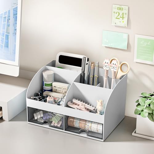 COMFYROOM Desk Organizer with 6 Compartments and 2 Drawers, Plastic Makeup Organizer, Pen Holder for Desktop Storage, Desk Organization for School, Home, Office Supplies (Grey) - color: Grey